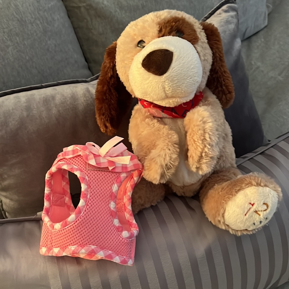 Pink Gingham Puptech Dog Harness with secure buckle/snap closure and leash ring.